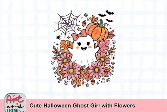 Cute Halloween Ghost Girl with Flowers: A Sweetly Spooky Design Asset