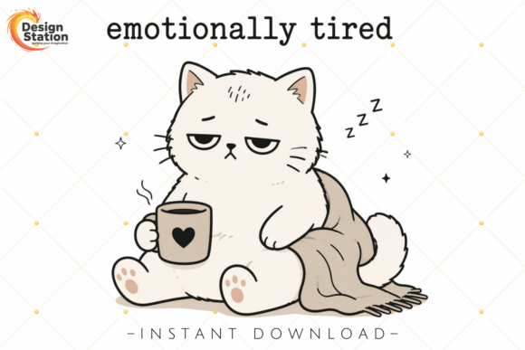 Emotionally Tired Cat PNG Illustration: A Designer's Cozy Asset