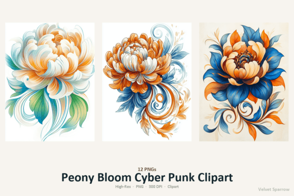 Peony Bloom Cyber Punk Clipart: 12 PNGs for Edgy Floral Design