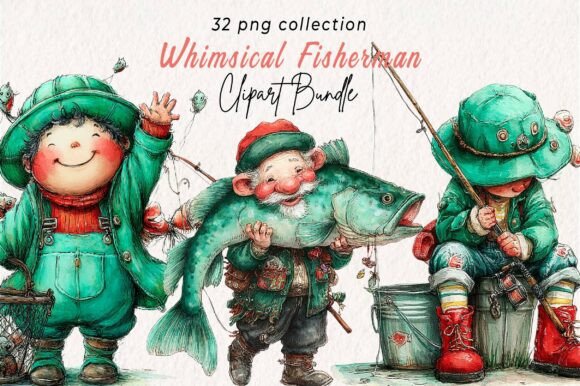 Whimsical Fisherman Clipart: 32 Playful Designs for Creative Projects