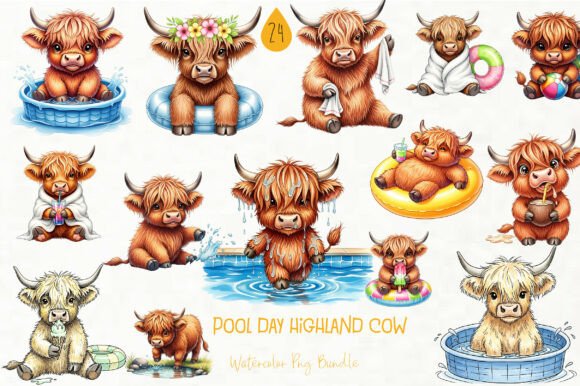 Whimsical Pool Day Highland Cow Clipart: Dive Into Creative Fun